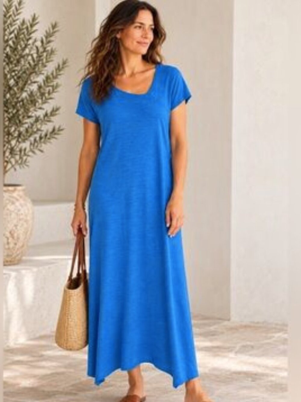 Eileen Fisher Organic Cotton Hemp Asymmetrical Neckline Maxi Dress Lagenlook